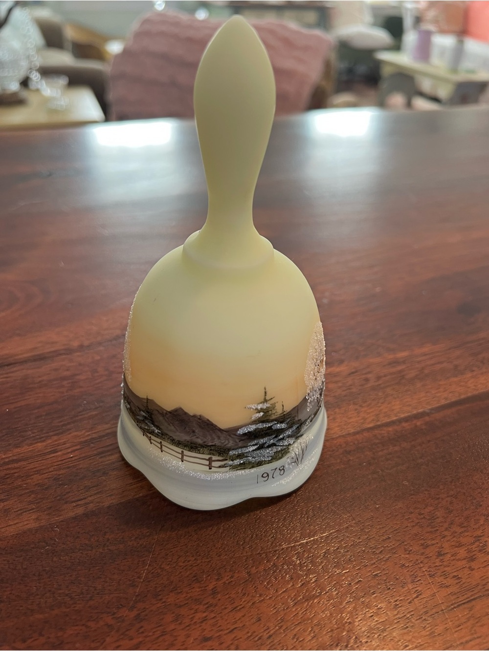 Fenton Pale Yellow Hand-Painted Glass Bell with Winter Scene